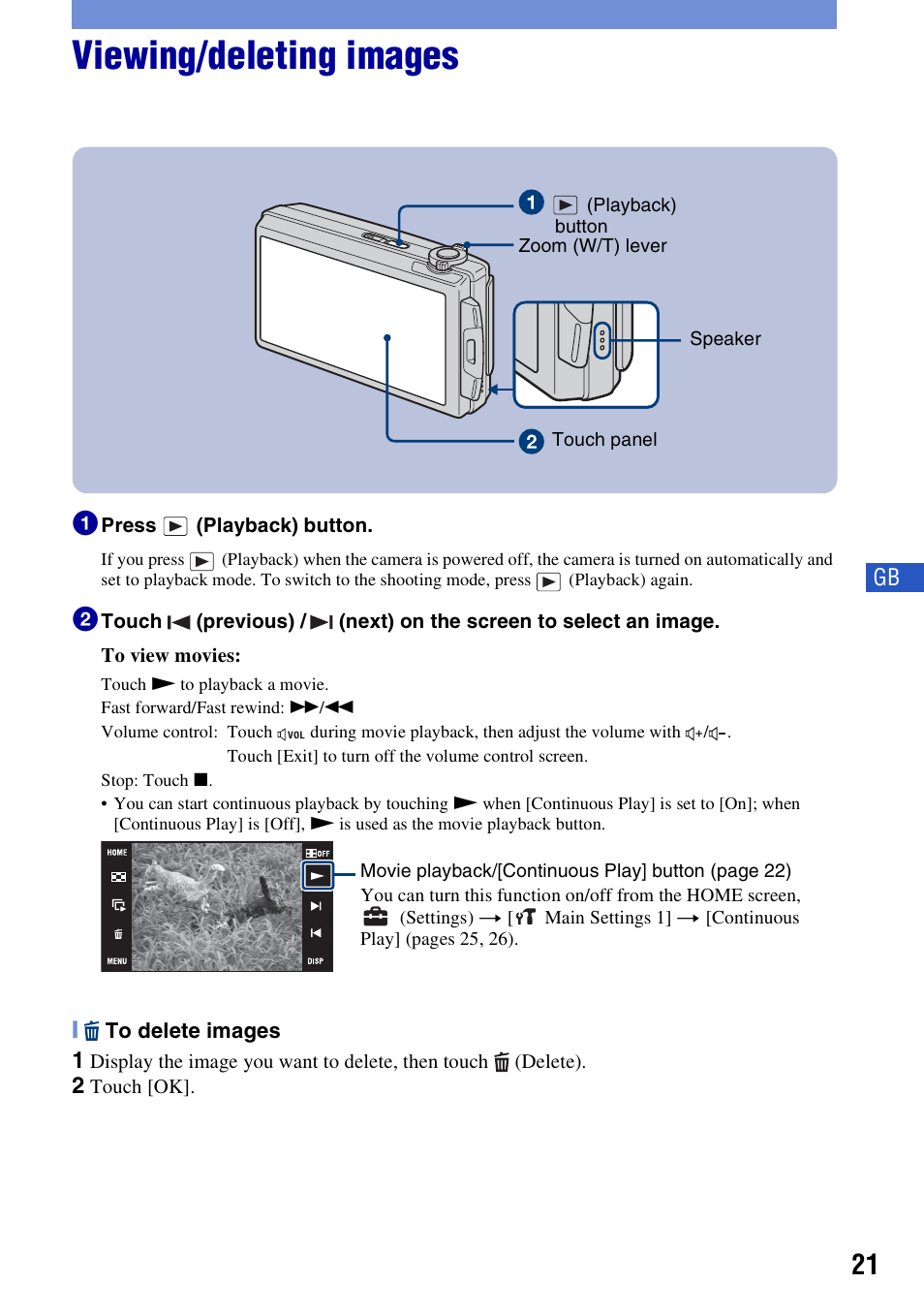 Viewing/deleting images | Sony DSC-T500 User Manual | Page 21 / 84