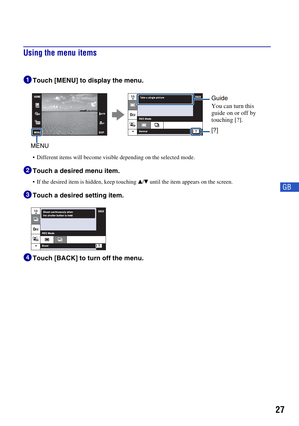 Using the menu items, Es 27, Using the menu items 1 | Sony DSC-T500 User Manual | Page 27 / 84