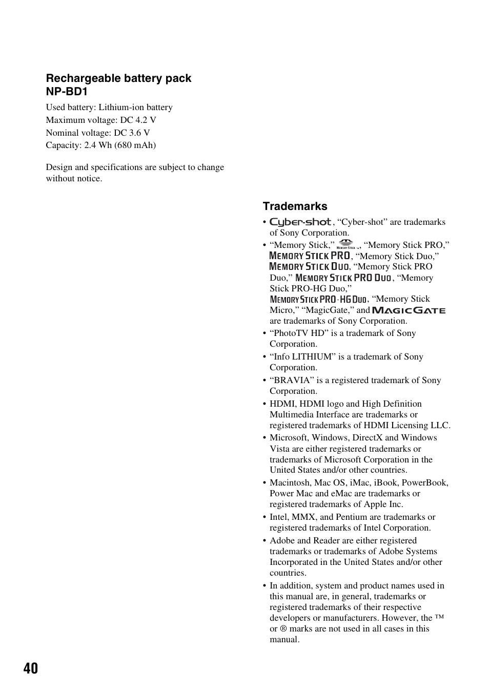 Rechargeable battery pack np-bd1, Trademarks | Sony DSC-T500 User Manual | Page 40 / 84