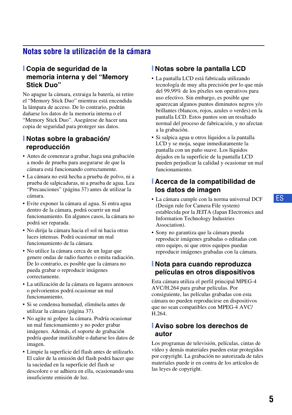 Notas sobre la utilización de la cámara | Sony DSC-T500 User Manual | Page 45 / 84