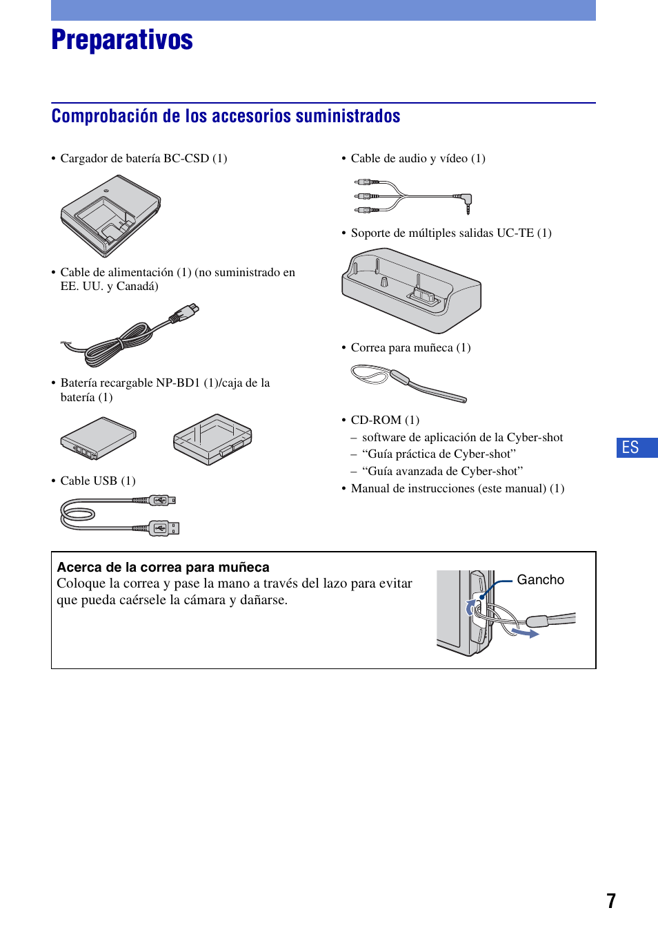 Preparativos, Comprobación de los accesorios suministrados | Sony DSC-T500 User Manual | Page 47 / 84