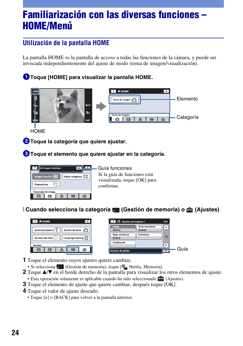 Utilización de la pantalla home, As 24, 2 | Sony DSC-T500 User Manual | Page 64 / 84