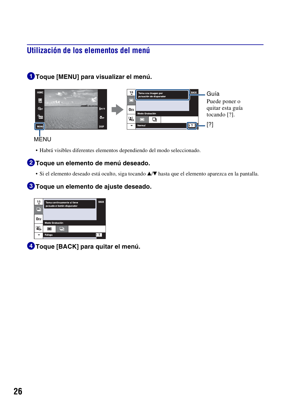 Utilización de los elementos del menú, Utilización de los elementos del menú 1 | Sony DSC-T500 User Manual | Page 66 / 84