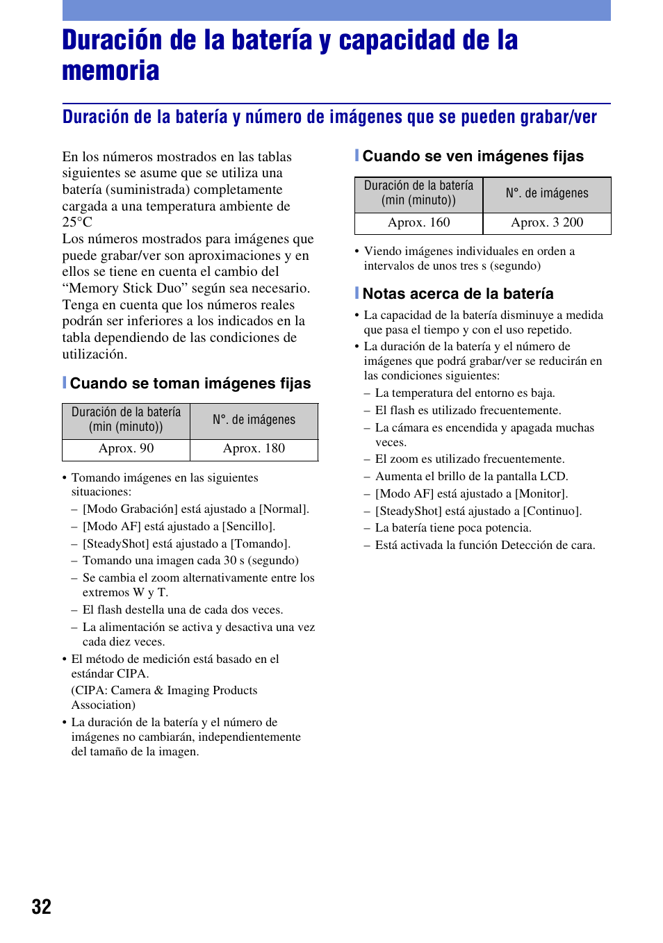 Duración de la batería y capacidad de la memoria | Sony DSC-T500 User Manual | Page 72 / 84