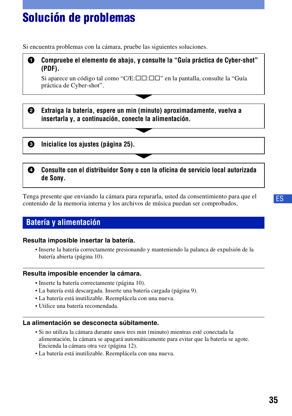 Solución de problemas, Batería y alimentación | Sony DSC-T500 User Manual | Page 75 / 84