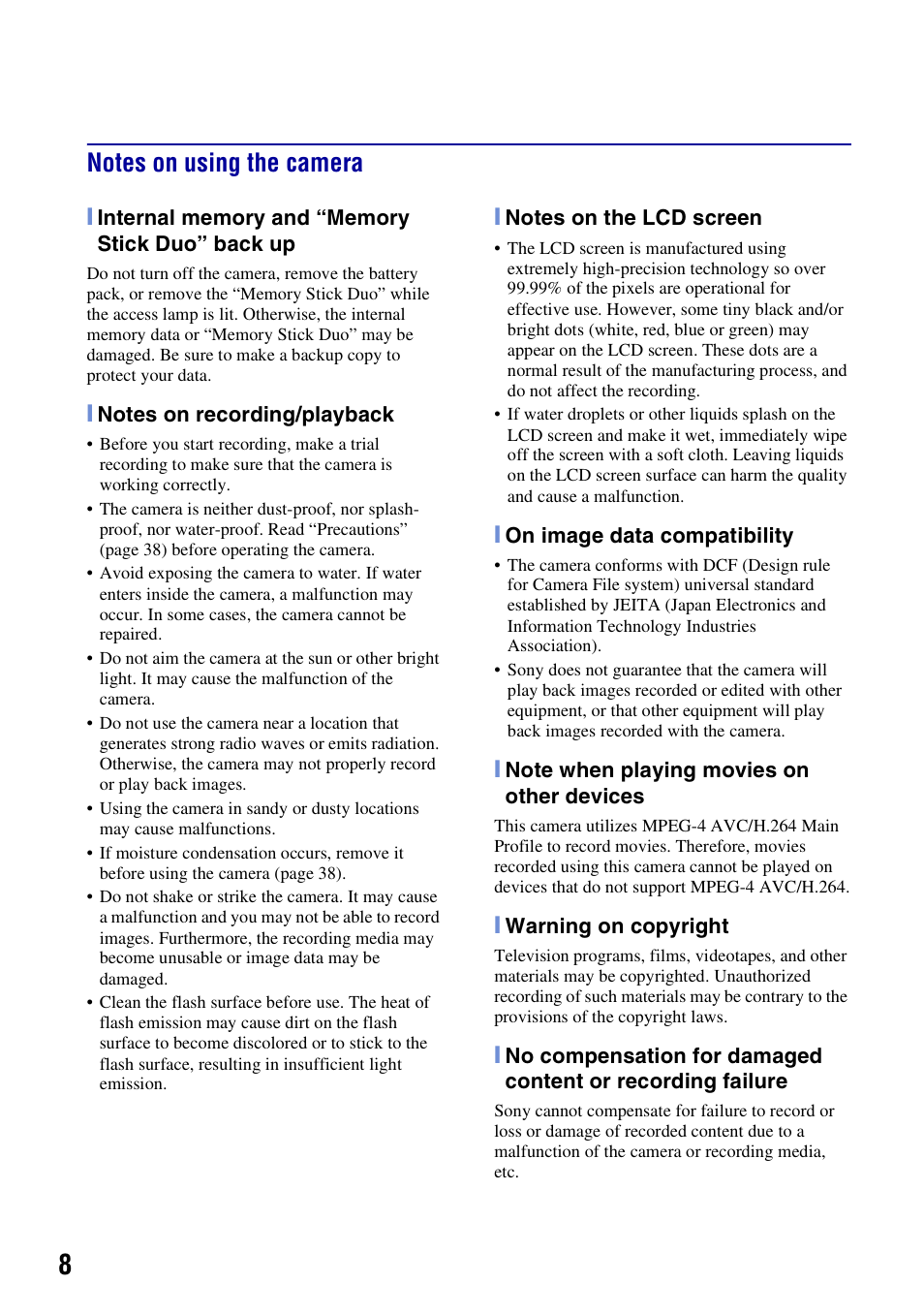 Notes on using the camera | Sony DSC-T500 User Manual | Page 8 / 84