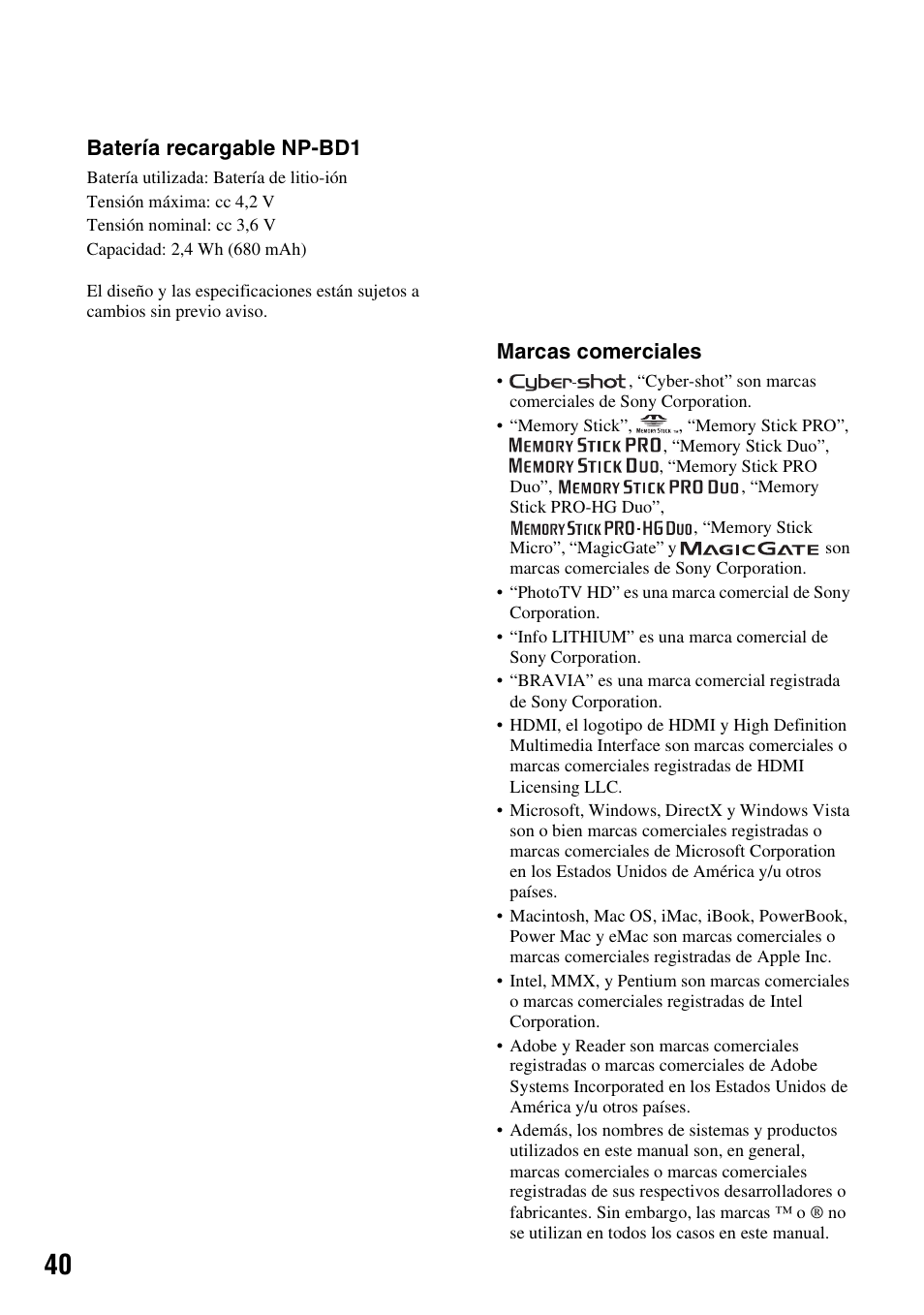 Batería recargable np-bd1, Marcas comerciales | Sony DSC-T500 User Manual | Page 80 / 84