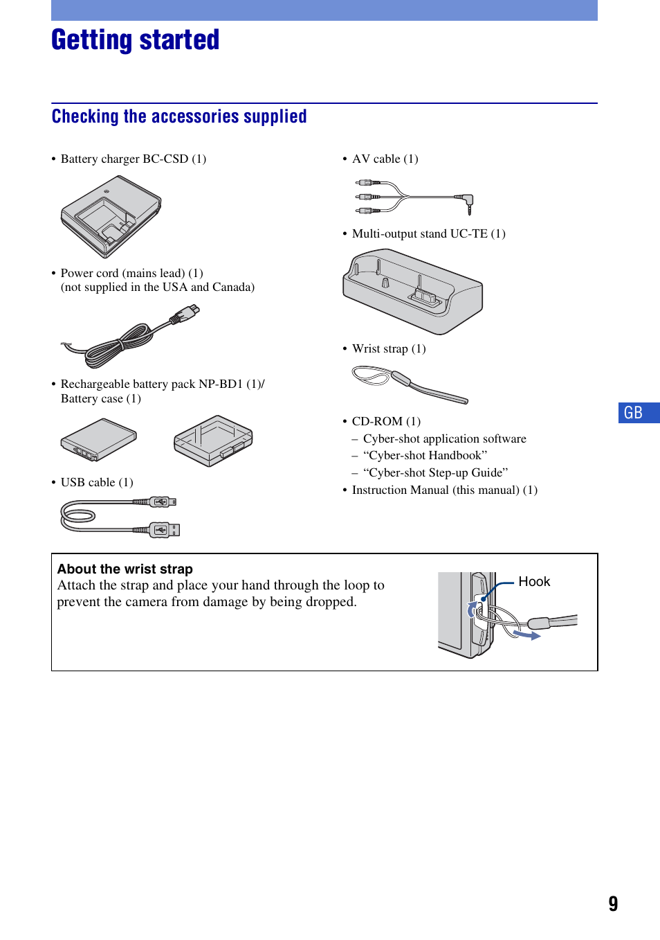 Getting started, Checking the accessories supplied | Sony DSC-T500 User Manual | Page 9 / 84