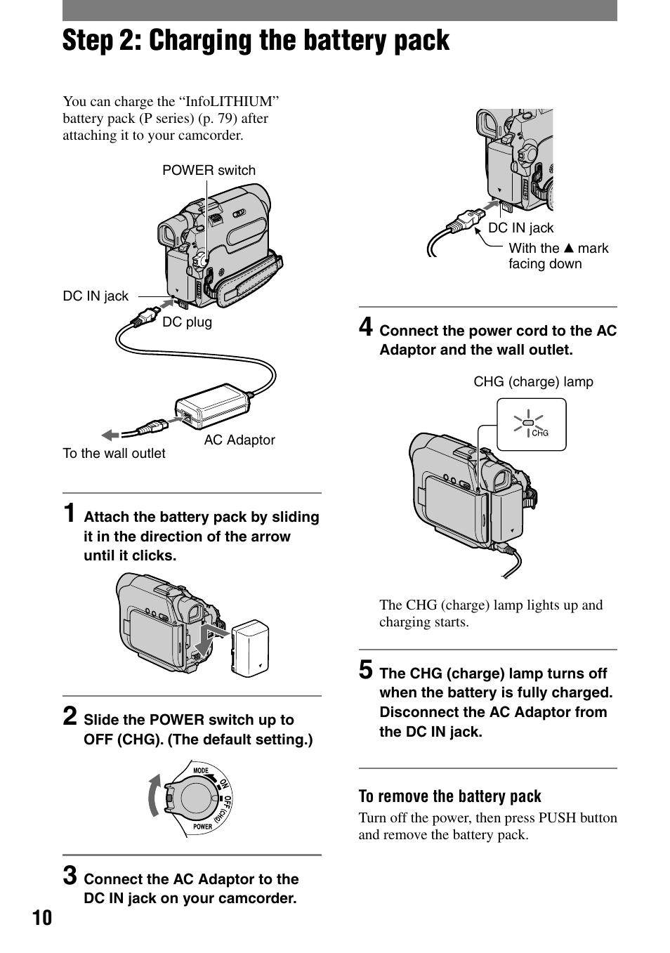 Step 2: charging the battery pack | Sony DCR-HC21 User Manual | Page 10 / 92