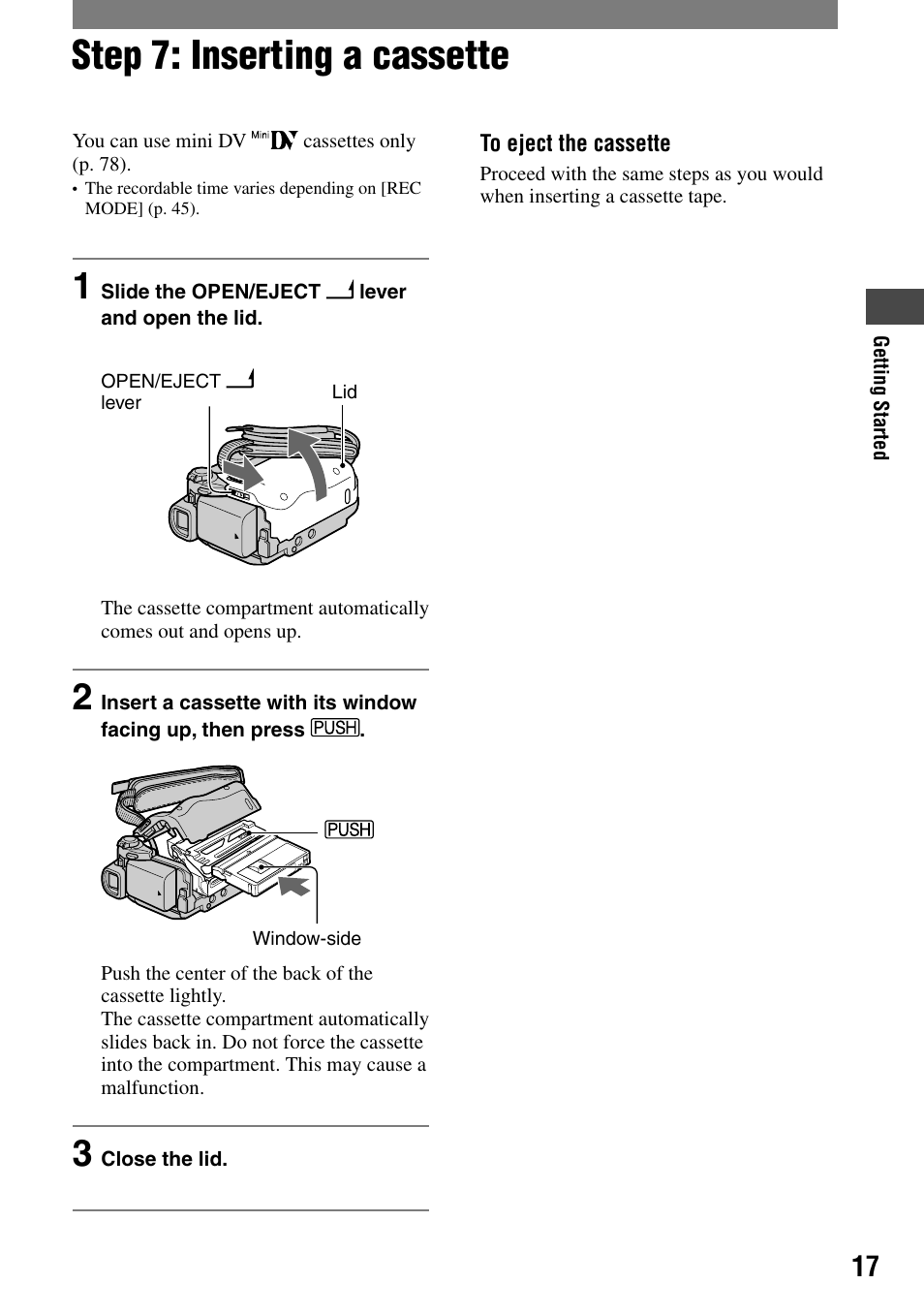 Step 7: inserting a cassette | Sony DCR-HC21 User Manual | Page 17 / 92