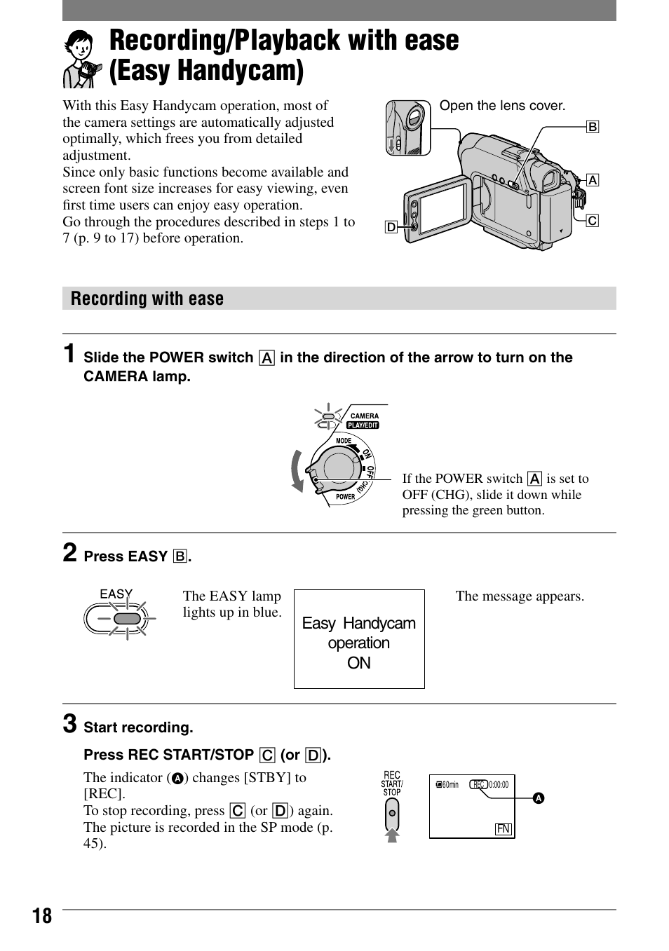 Recording/playback, Recording/playback with ease (easy handycam), Recording with ease | Sony DCR-HC21 User Manual | Page 18 / 92