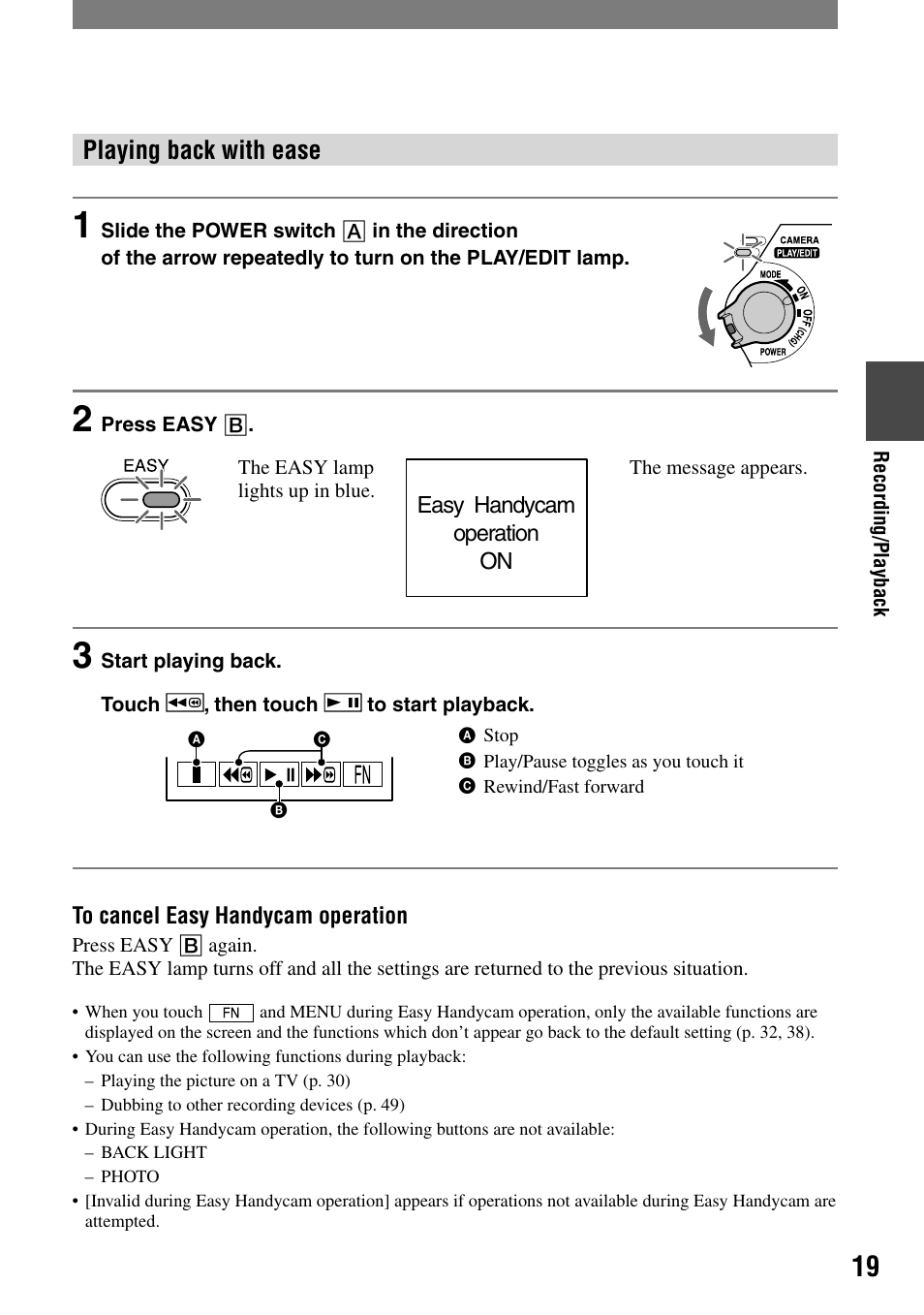 Playing back with ease | Sony DCR-HC21 User Manual | Page 19 / 92