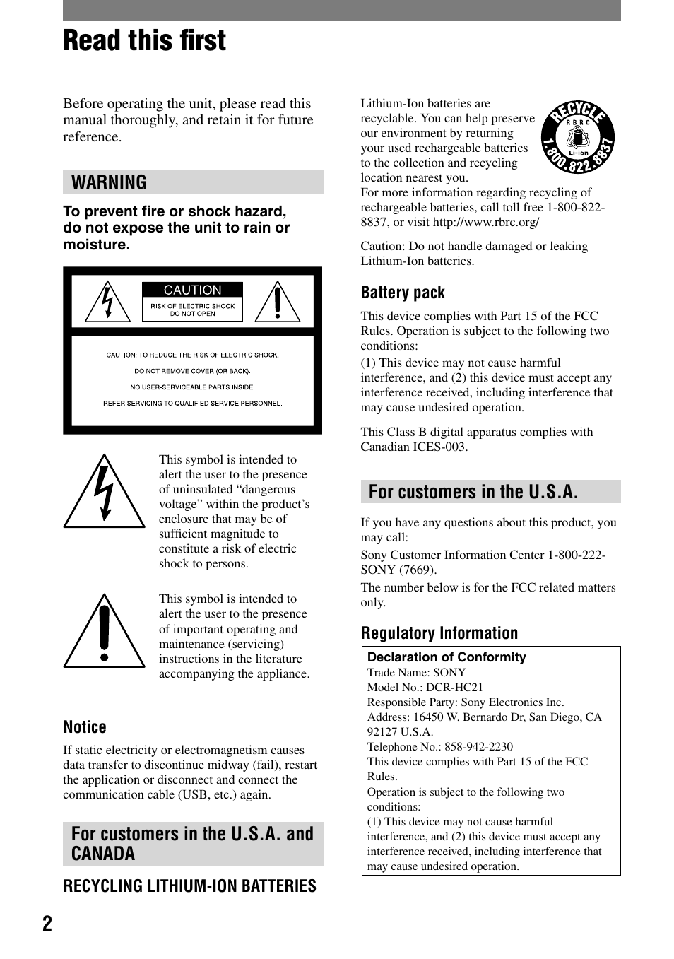 Read this ﬁrst, Warning, For customers in the u.s.a. and canada | For customers in the u.s.a | Sony DCR-HC21 User Manual | Page 2 / 92