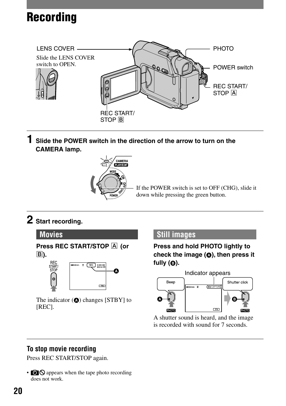 Recording, Movies, Still images | Sony DCR-HC21 User Manual | Page 20 / 92