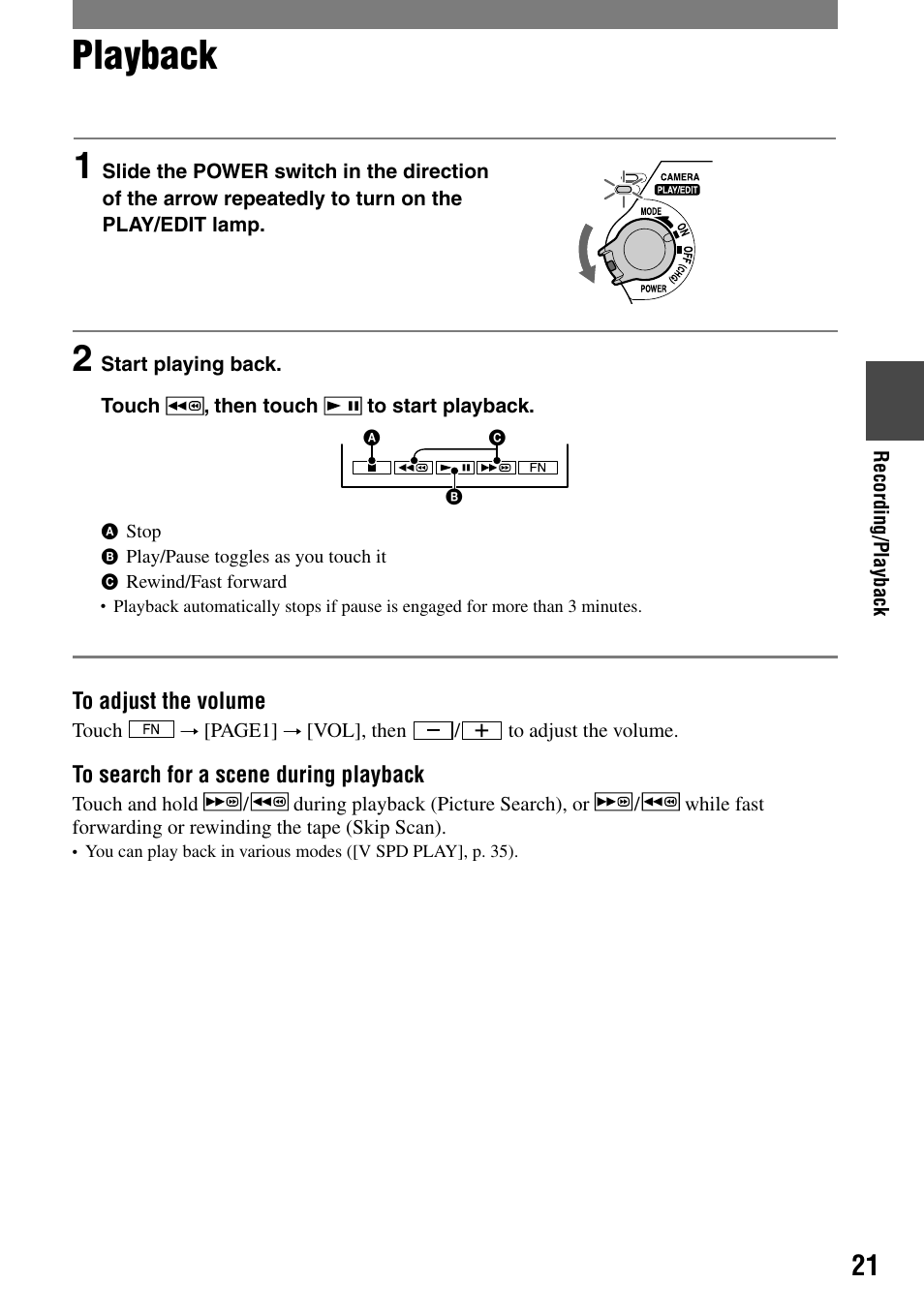 Playback | Sony DCR-HC21 User Manual | Page 21 / 92