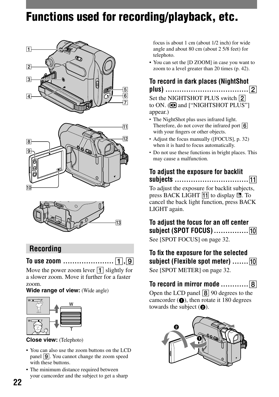 Functions used for recording/playback, etc, Recording, To use zoom | To record in dark places (nightshot plus), To adjust the exposure for backlit subjects, To record in mirror mode | Sony DCR-HC21 User Manual | Page 22 / 92