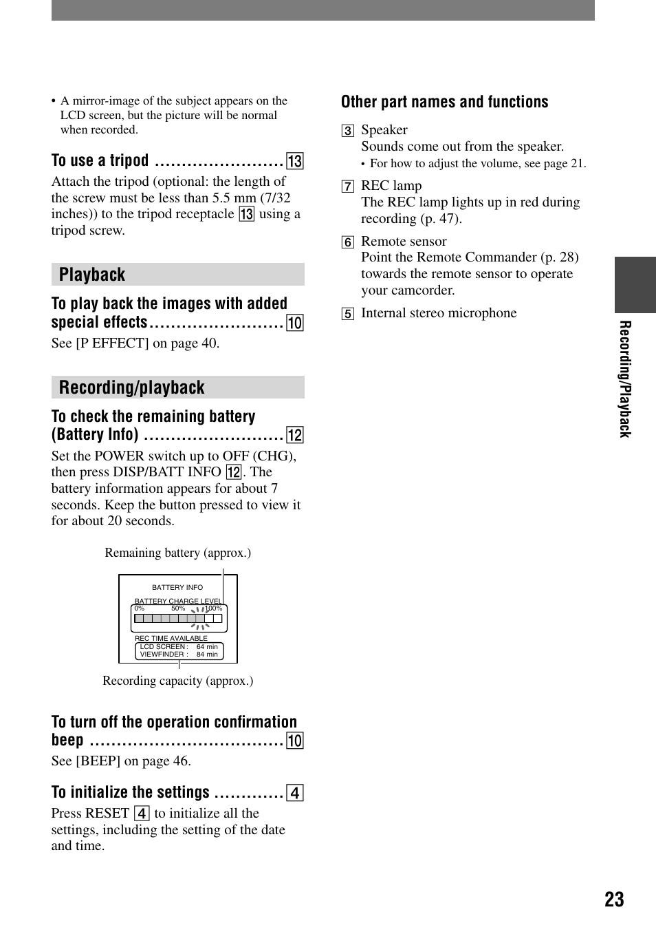 To use a tripod, Playback, To play back the images with added special effects | Recording/playback, To check the remaining battery (battery info), To turn off the operation confirmation beep, To initialize the settings, Other part names and functions, To turn off the operation confirmation beep | Sony DCR-HC21 User Manual | Page 23 / 92