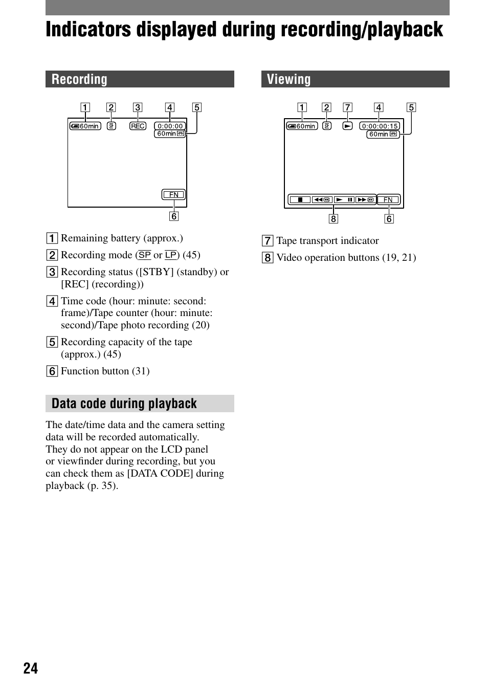 Indicators displayed during recording/playback, Recording, Data code during playback | Viewing | Sony DCR-HC21 User Manual | Page 24 / 92