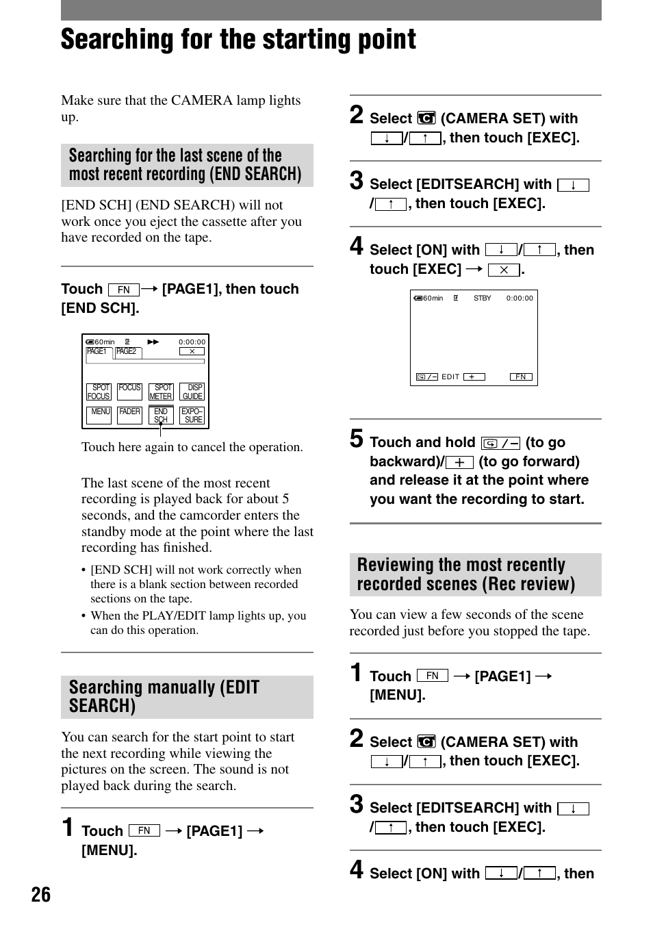 Searching for the starting point, Searching manually (edit search) | Sony DCR-HC21 User Manual | Page 26 / 92