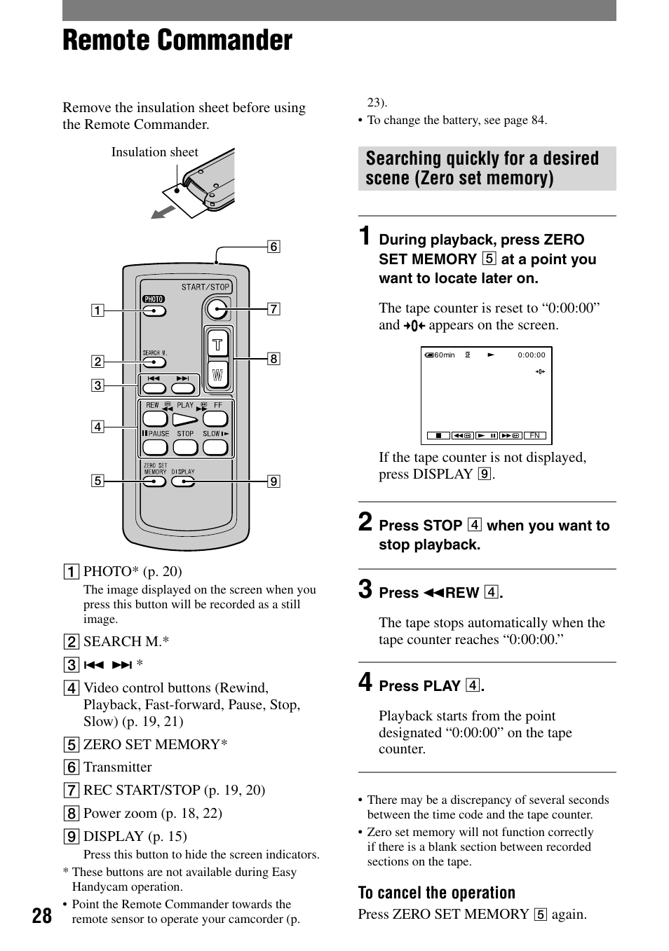 Remote commander | Sony DCR-HC21 User Manual | Page 28 / 92