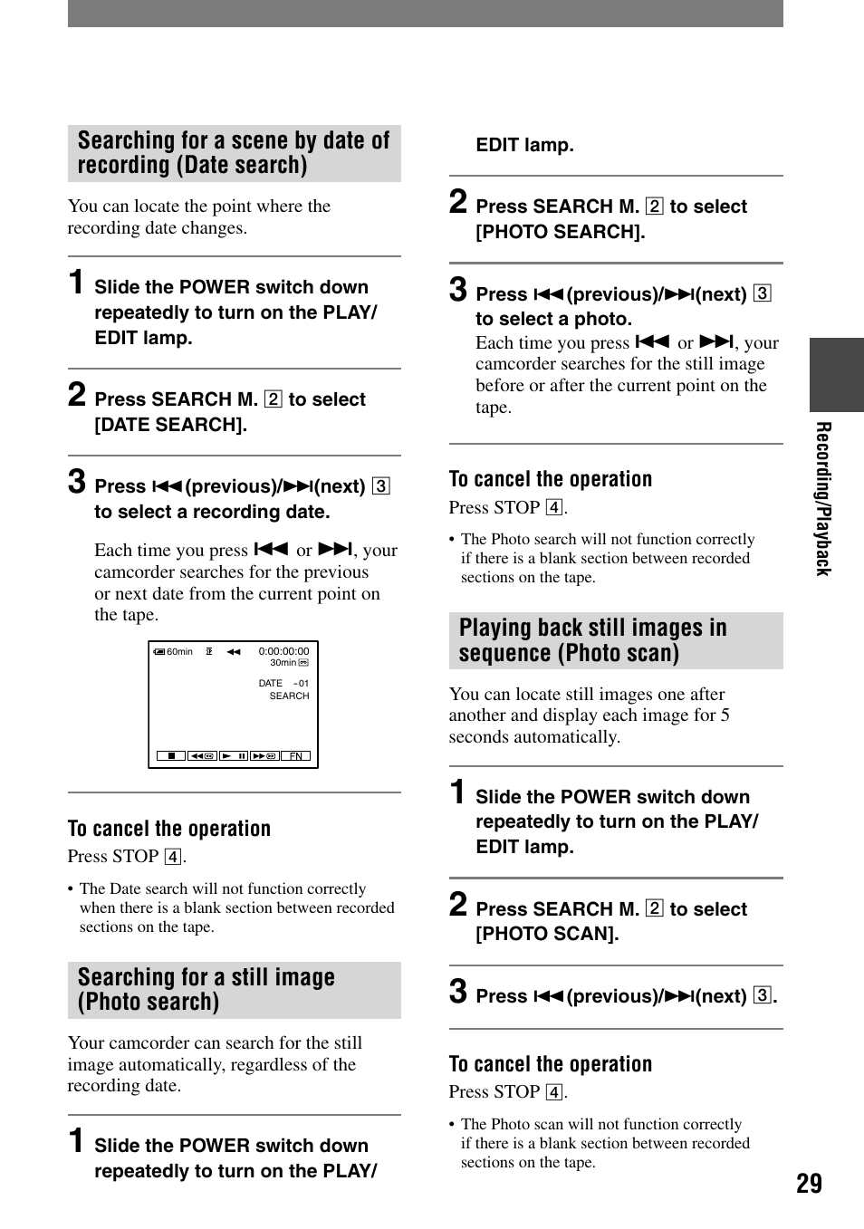 Searching for a still image (photo search), Playing back still images in sequence (photo scan) | Sony DCR-HC21 User Manual | Page 29 / 92