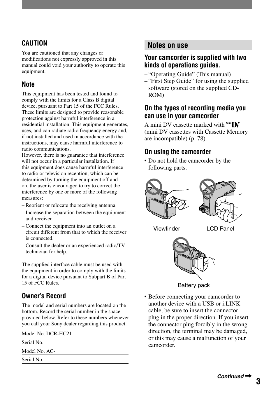 Sony DCR-HC21 User Manual | Page 3 / 92