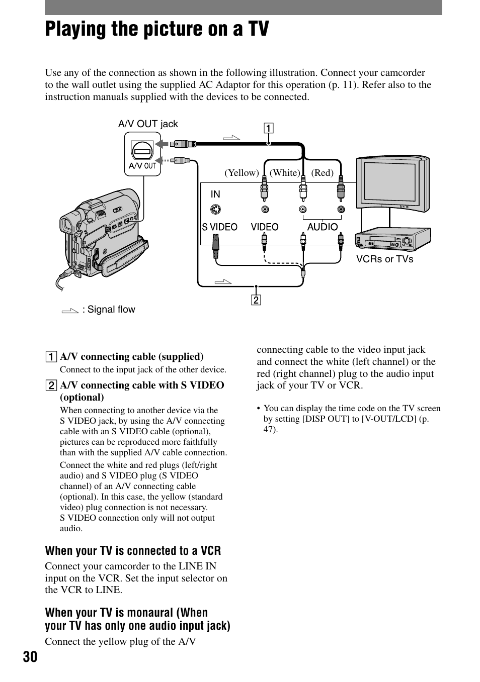 Playing the picture on a tv, When your tv is connected to a vcr, A/v connecting cable (supplied) | A/v connecting cable with s video (optional) | Sony DCR-HC21 User Manual | Page 30 / 92