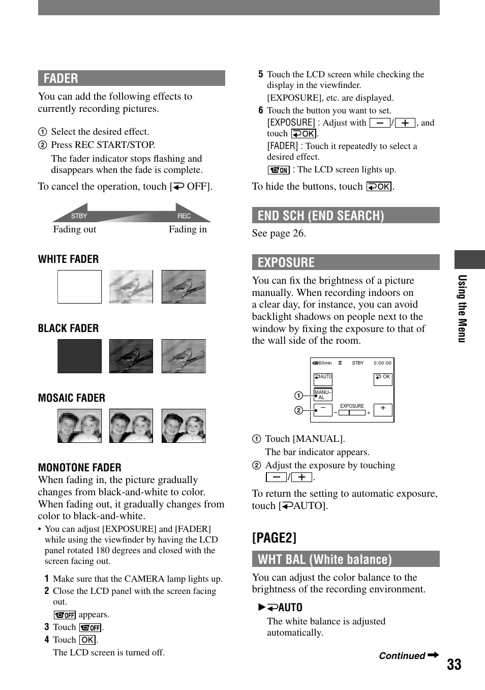 Page2, Fader, End sch (end search) | Exposure, Wht bal (white balance) | Sony DCR-HC21 User Manual | Page 33 / 92