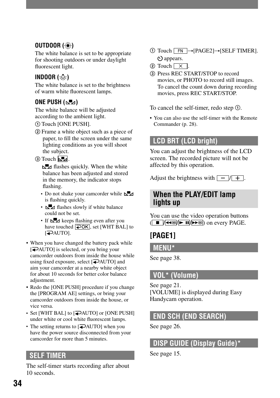 When the play/edit lamp lights up, Page1, Self timer | Lcd brt (lcd bright), Menu, Vol* (volume), End sch (end search), Disp guide (display guide) | Sony DCR-HC21 User Manual | Page 34 / 92