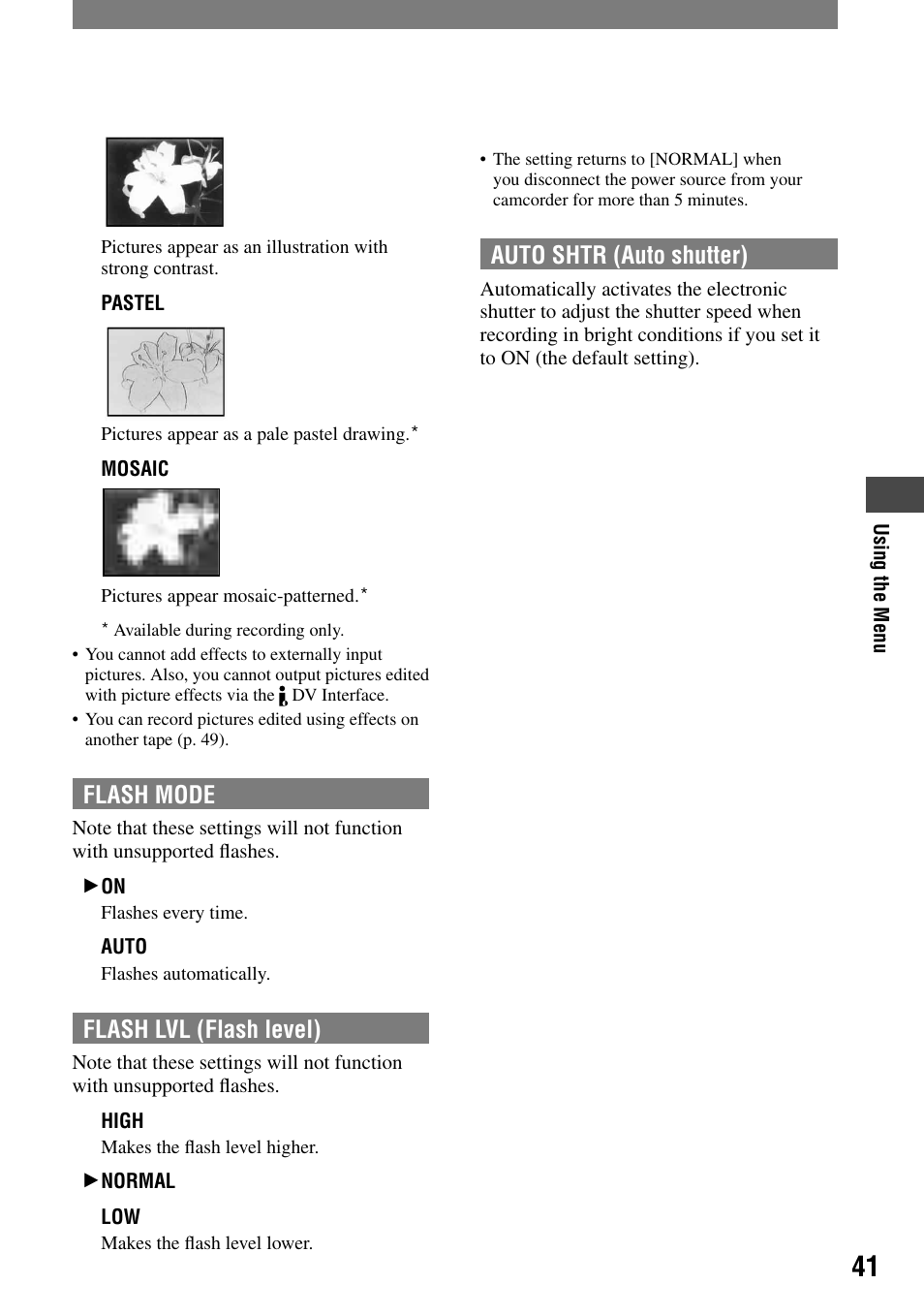 Flash mode, Flash lvl (flash level), Auto shtr (auto shutter) | Sony DCR-HC21 User Manual | Page 41 / 92