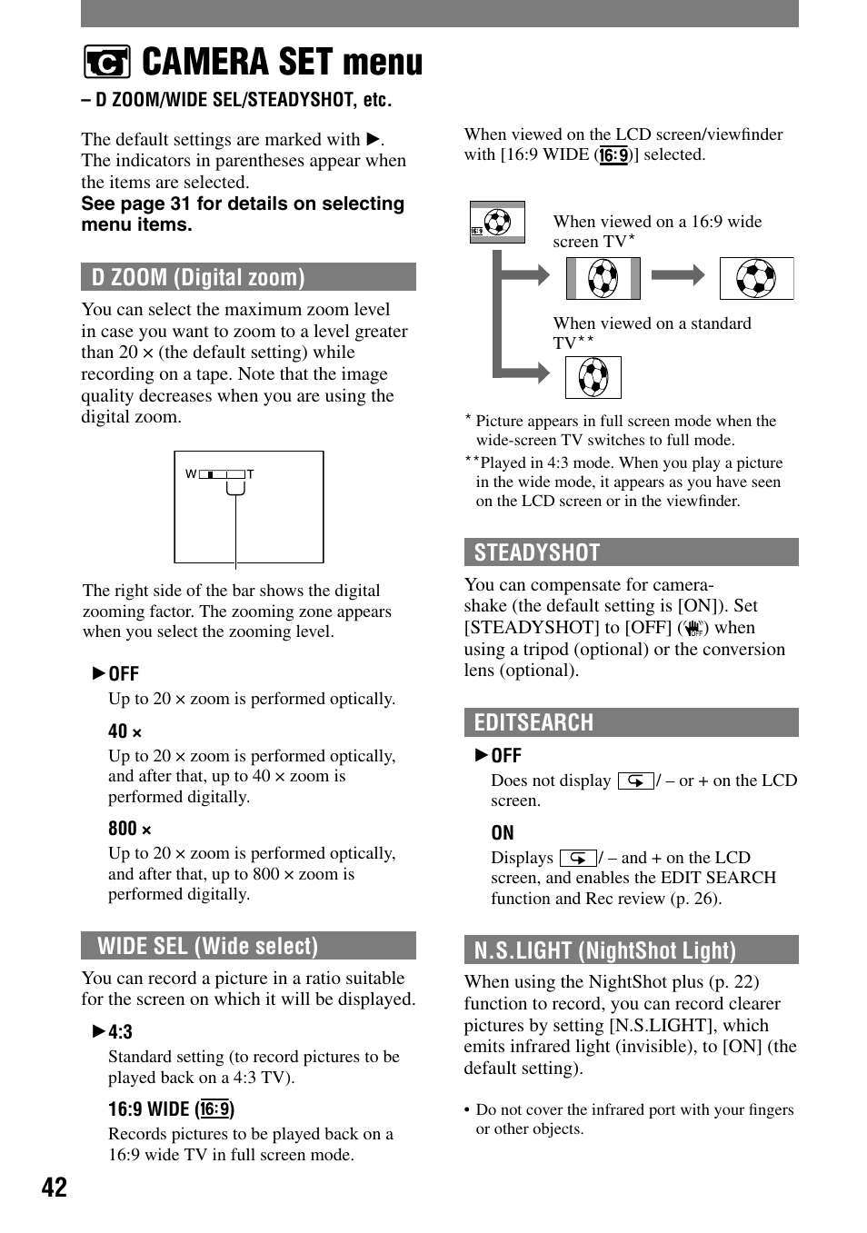 Camera set menu, D zoom/wide sel/steadyshot, etc | Sony DCR-HC21 User Manual | Page 42 / 92