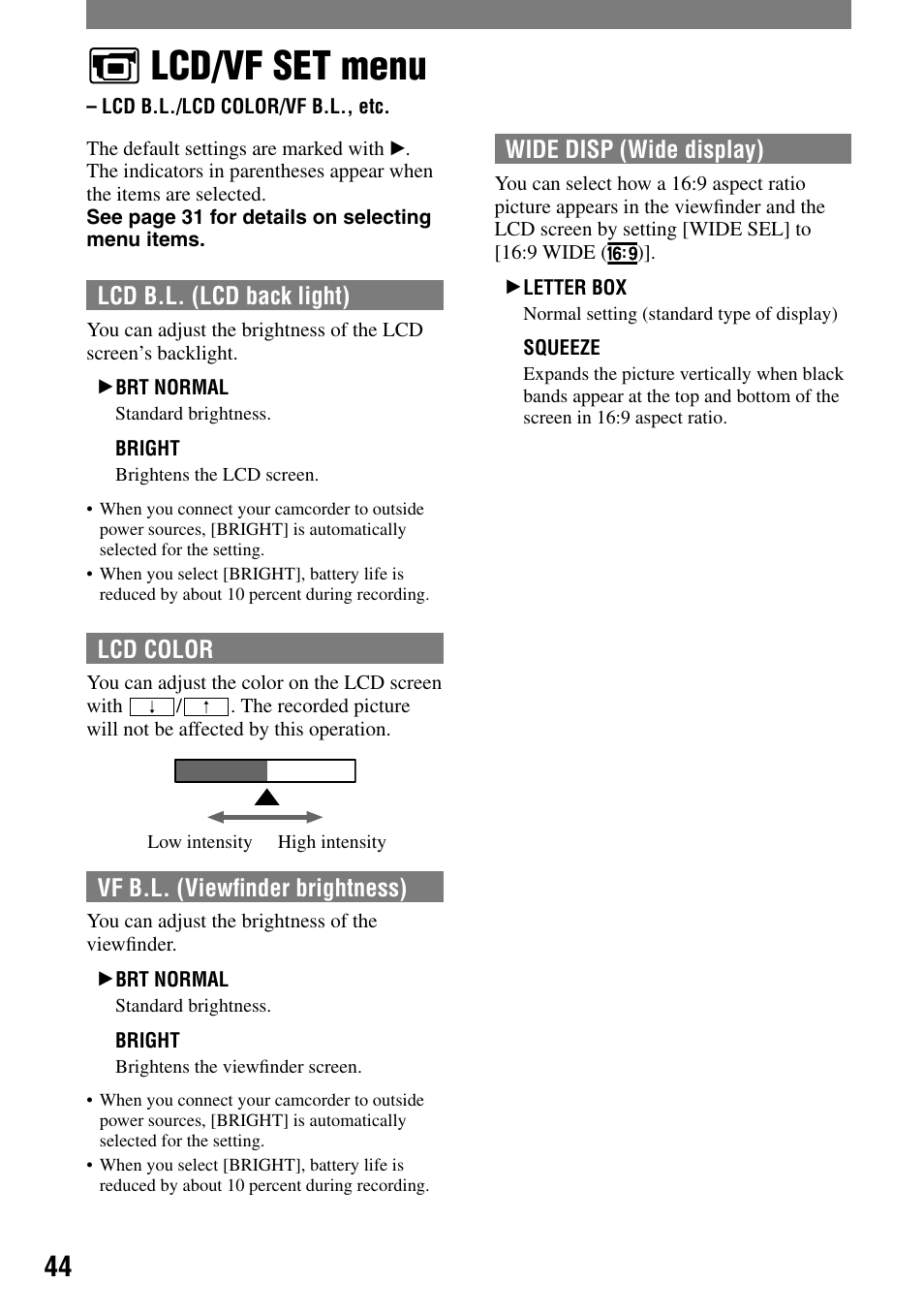 Lcd/vf set menu, Lcd b.l./lcd color/vf b.l., etc | Sony DCR-HC21 User Manual | Page 44 / 92