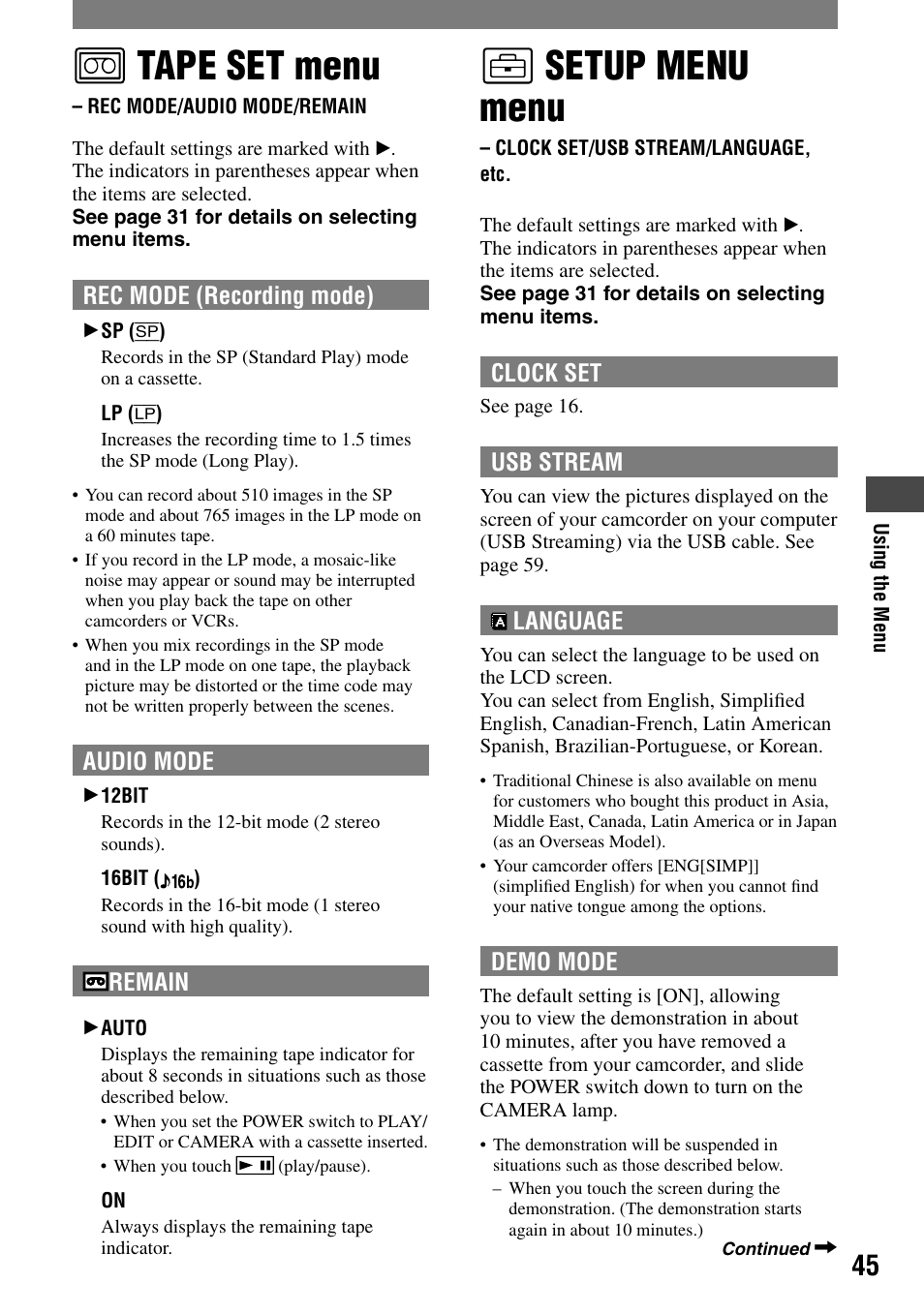 Tape set menu, Rec mode/audio mode/remain, Setup menu menu | Clock set/usb stream/language, etc | Sony DCR-HC21 User Manual | Page 45 / 92