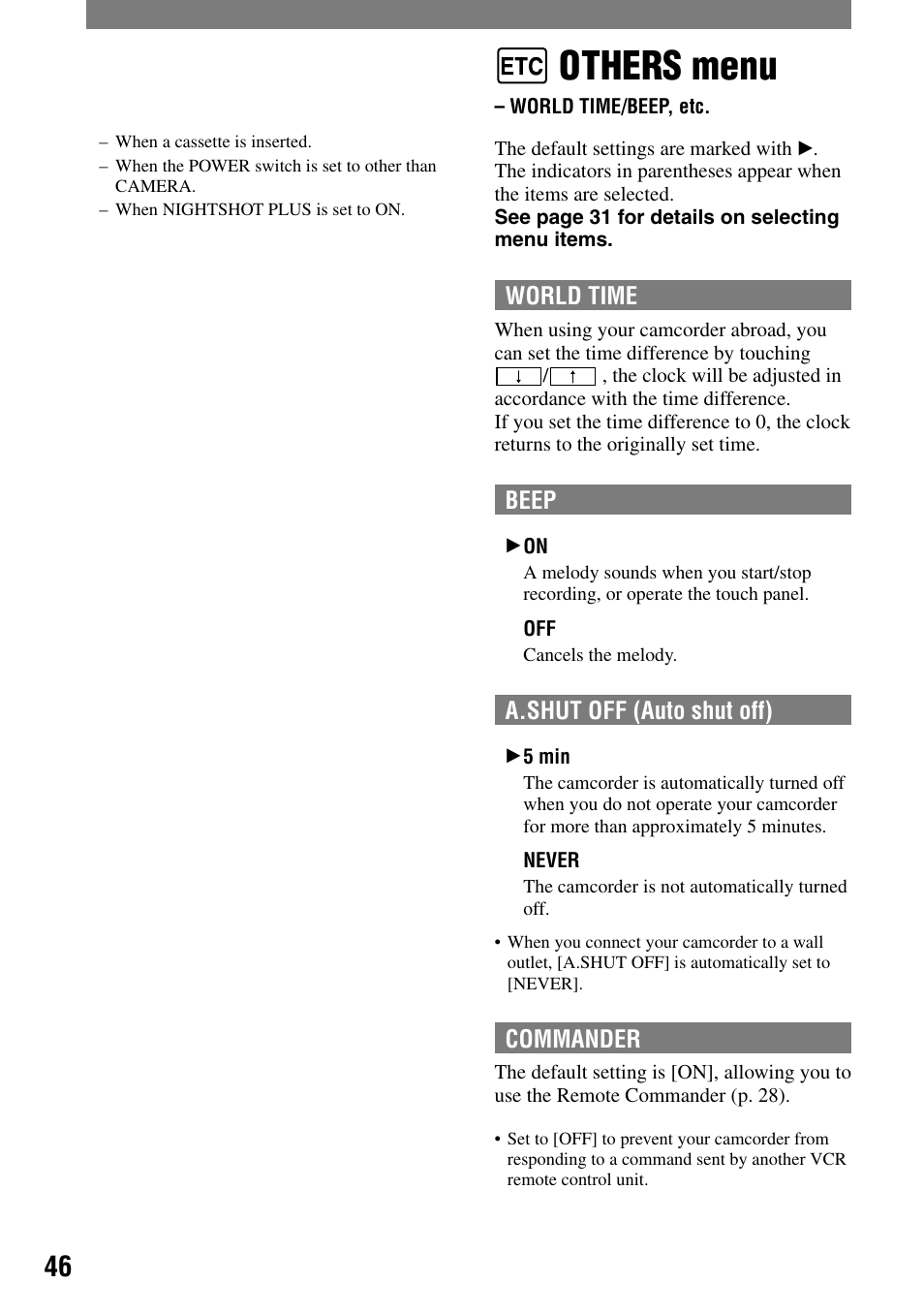 Others menu, World time/beep, etc | Sony DCR-HC21 User Manual | Page 46 / 92