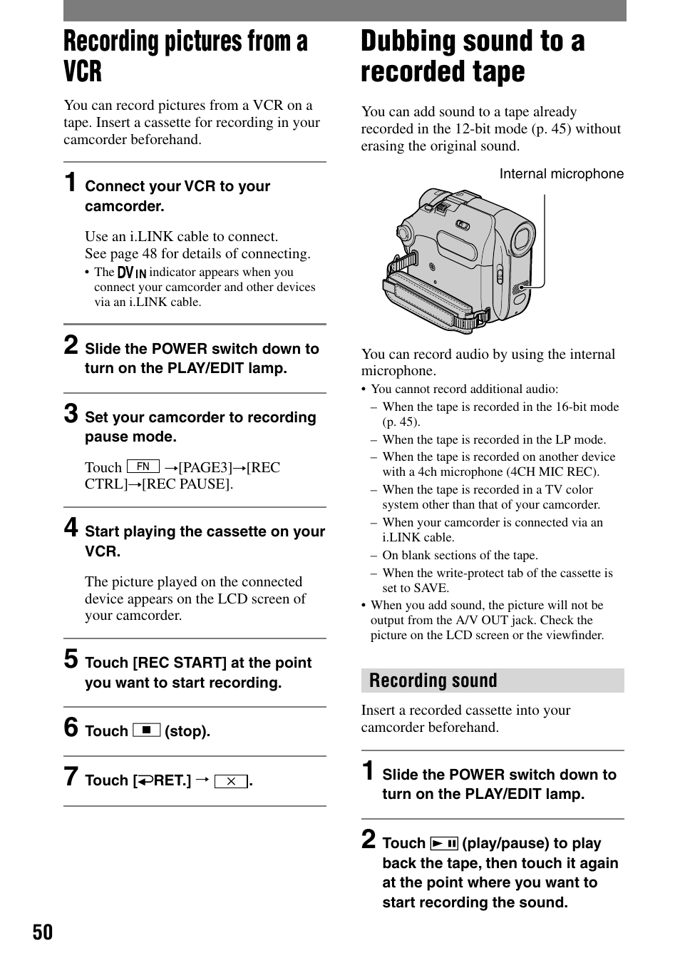 Recording pictures from a vcr, Dubbing sound to a recorded tape | Sony DCR-HC21 User Manual | Page 50 / 92