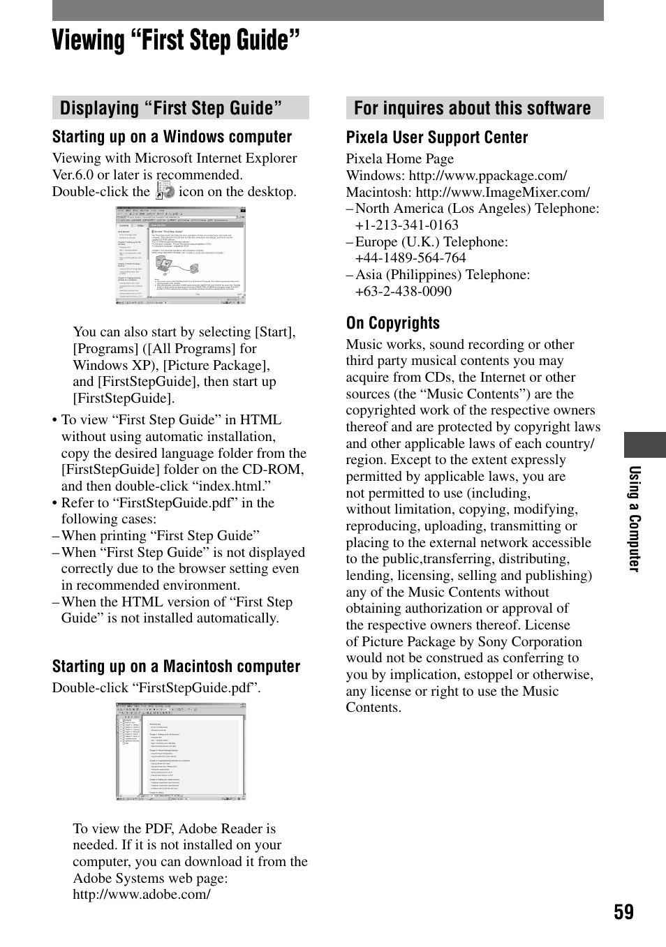 Viewing “first step guide, Displaying “first step guide, For inquires about this software | Sony DCR-HC21 User Manual | Page 59 / 92