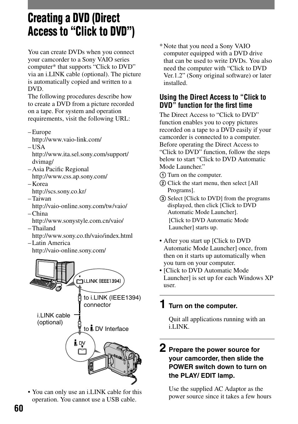 Creating a dvd (direct access to “click to dvd”) | Sony DCR-HC21 User Manual | Page 60 / 92