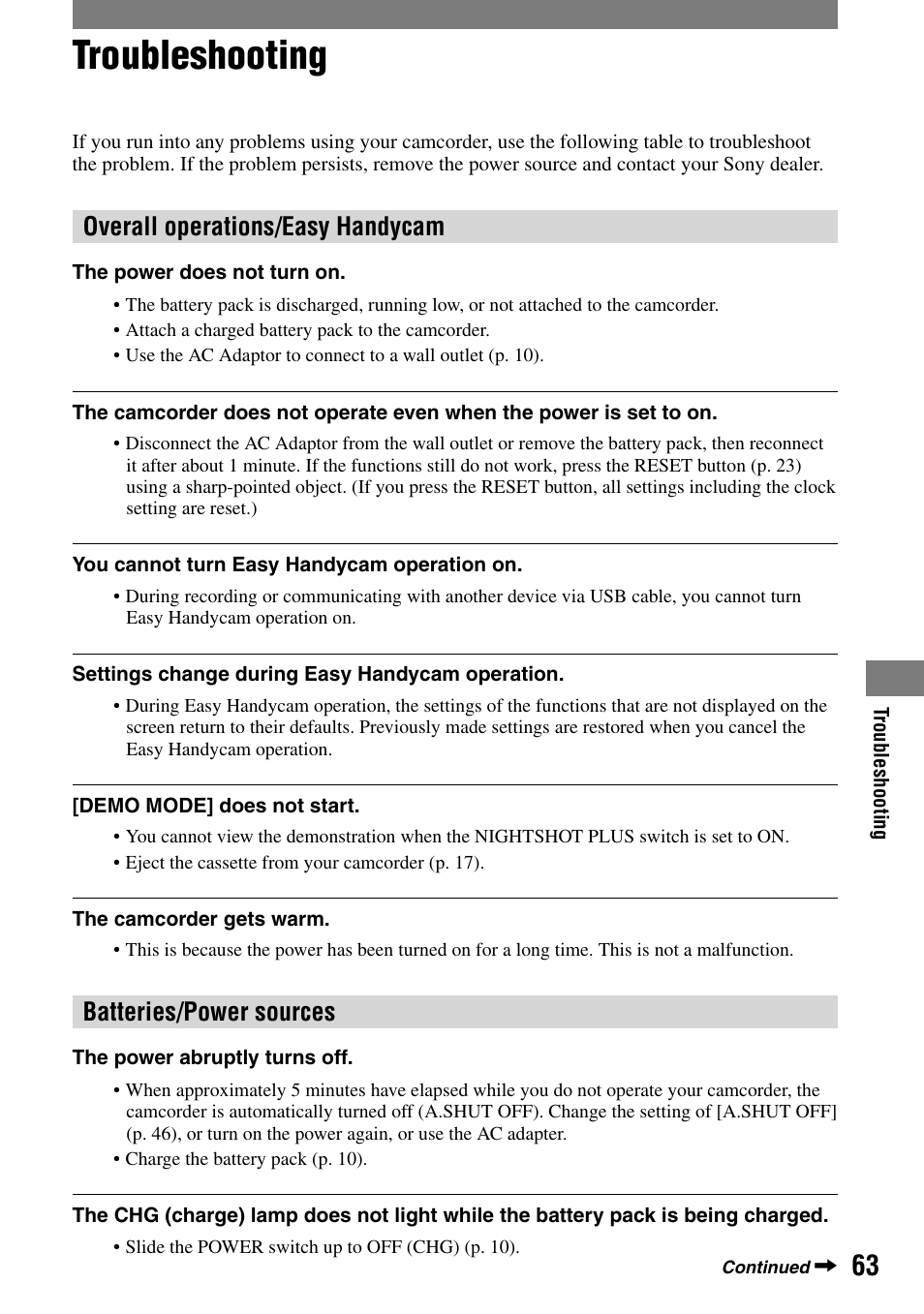 Troubleshooting, Overall operations/easy handycam, Batteries/power sources | Sony DCR-HC21 User Manual | Page 63 / 92