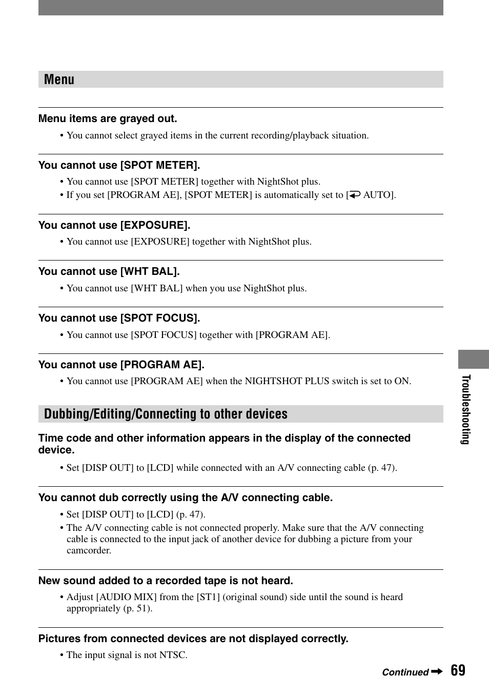 Menu, Dubbing/editing/connecting to other devices | Sony DCR-HC21 User Manual | Page 69 / 92