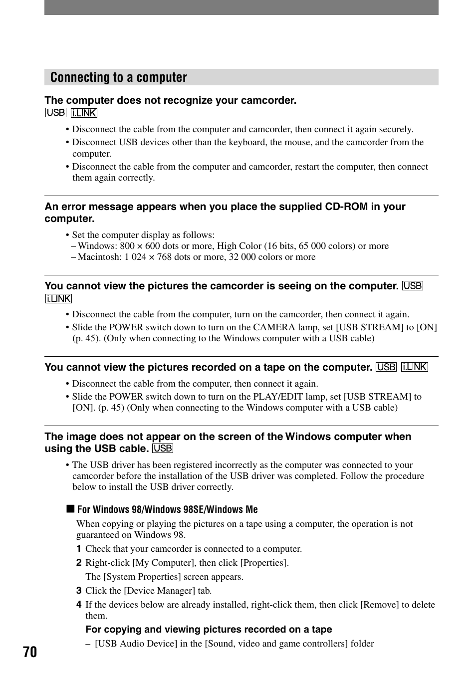 Connecting to a computer | Sony DCR-HC21 User Manual | Page 70 / 92