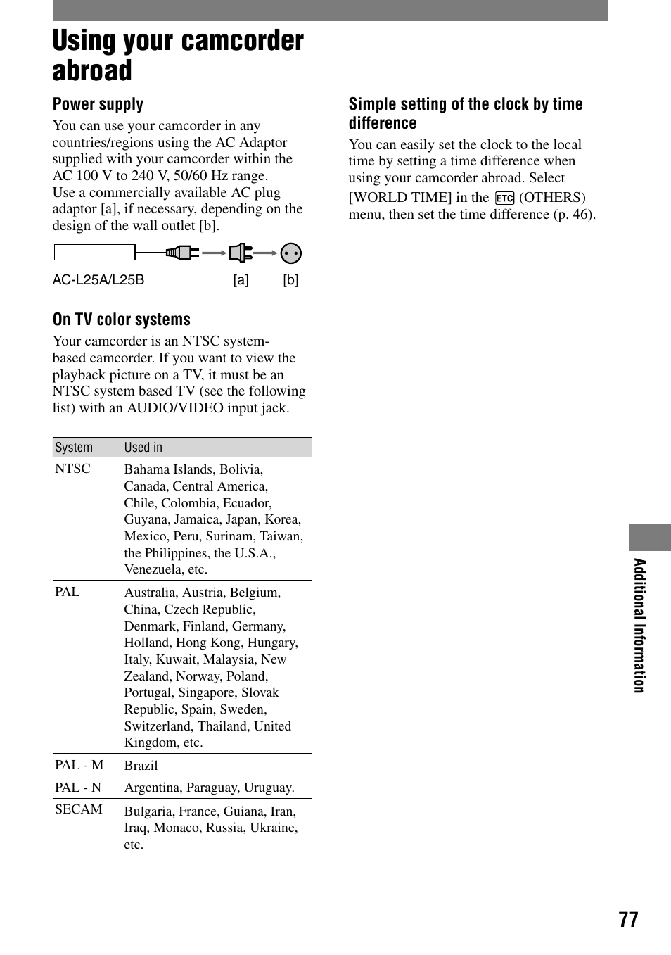 Additional information, Using your camcorder abroad | Sony DCR-HC21 User Manual | Page 77 / 92