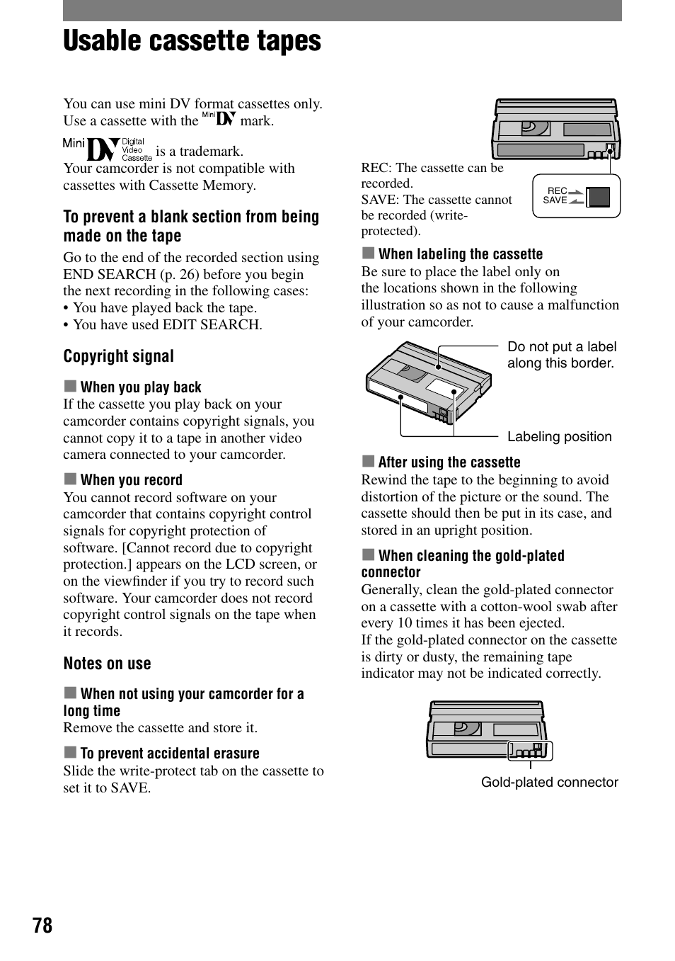 Usable cassette tapes | Sony DCR-HC21 User Manual | Page 78 / 92