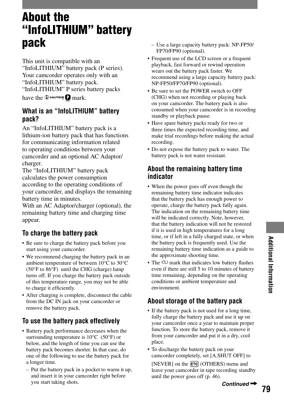 About the “infolithium” battery pack | Sony DCR-HC21 User Manual | Page 79 / 92