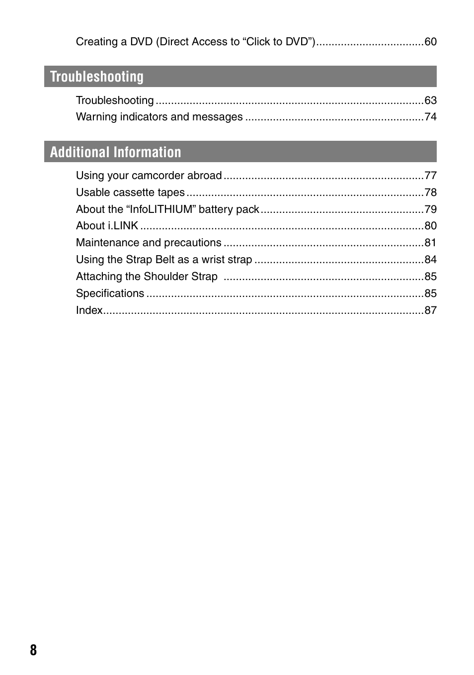 Troubleshooting, Additional information | Sony DCR-HC21 User Manual | Page 8 / 92