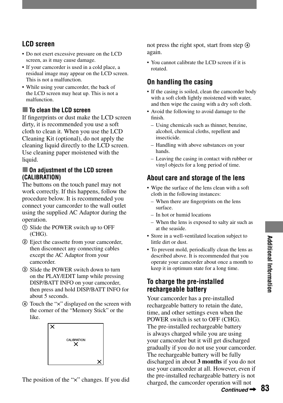 Lcd screen, On handling the casing, About care and storage of the lens | Sony DCR-HC21 User Manual | Page 83 / 92