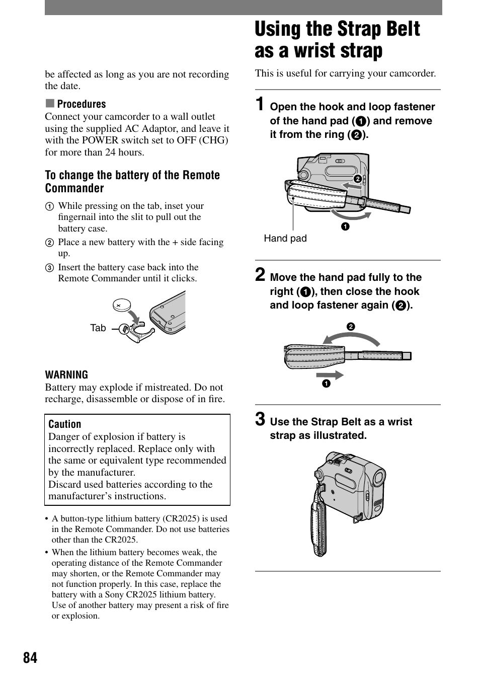 Using the strap belt as a wrist strap | Sony DCR-HC21 User Manual | Page 84 / 92