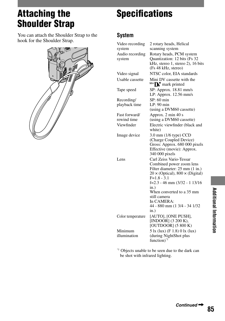 Attaching the shoulder strap, Specifications, Attaching the shoulder strap speciﬁcations | Speciﬁcations, System | Sony DCR-HC21 User Manual | Page 85 / 92