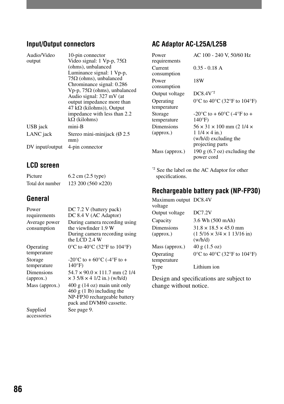 Input/output connectors, Lcd screen, General | Ac adaptor ac-l25a/l25b, Rechargeable battery pack (np-fp30) | Sony DCR-HC21 User Manual | Page 86 / 92