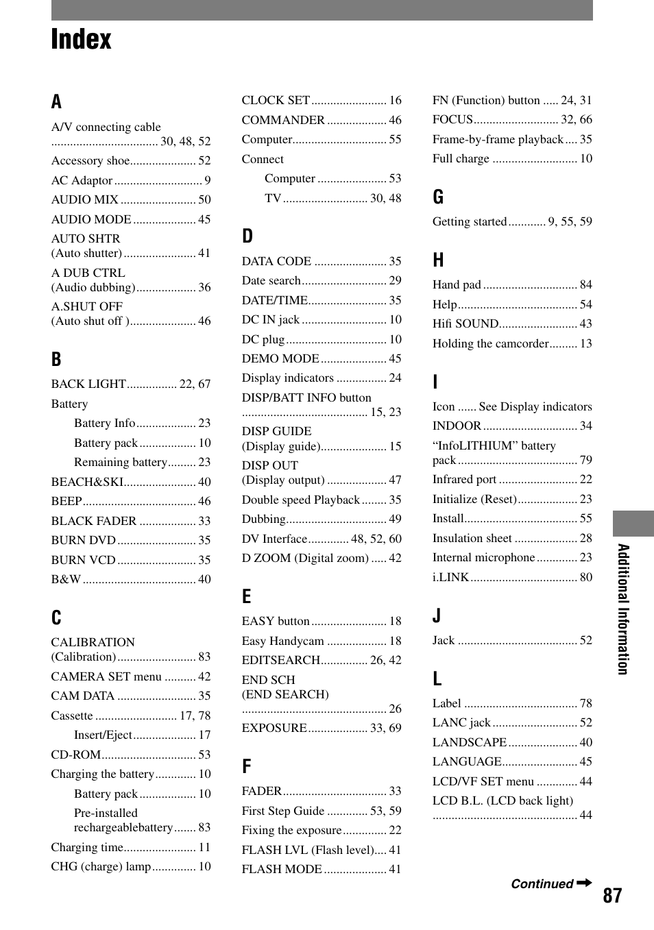 Index | Sony DCR-HC21 User Manual | Page 87 / 92