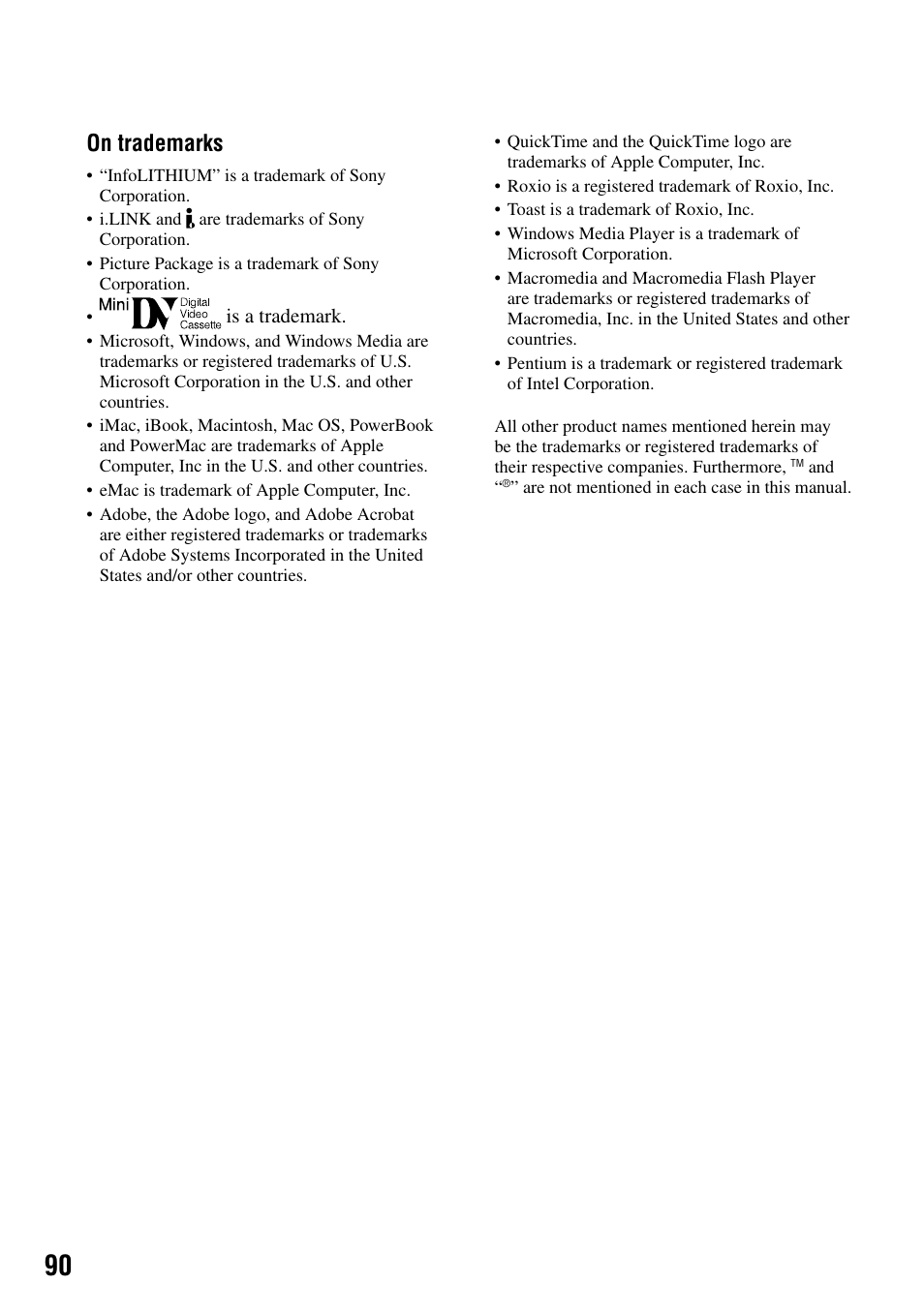 On trademarks | Sony DCR-HC21 User Manual | Page 90 / 92